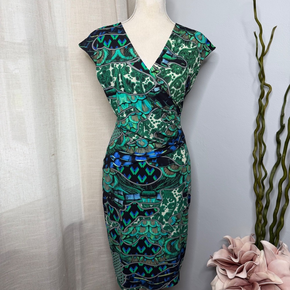 Y2K Vintage Roberto Cavalli Faux Wrap Ruched Geometric Peacock Green  IT 42 US S